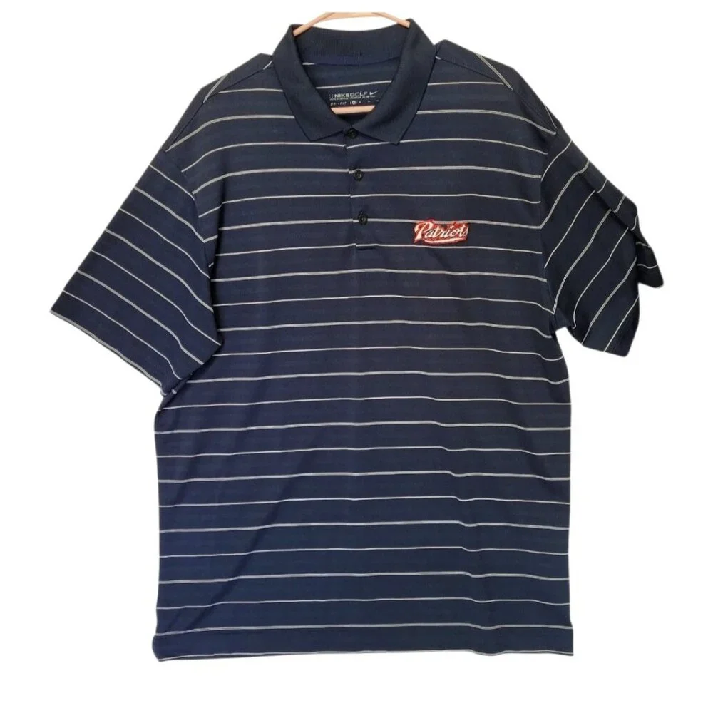 Nike‎ Golf Polo Shirt Mens XL Blue Striped Patriots Embroidered Logo Dri Fit